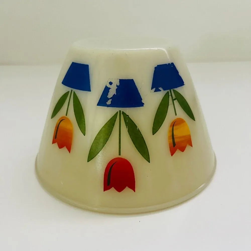 FIRE KING Milk Glass Ovenware Red, Orange, Yellow Tulips Small Mixing Bowl 1 Qt